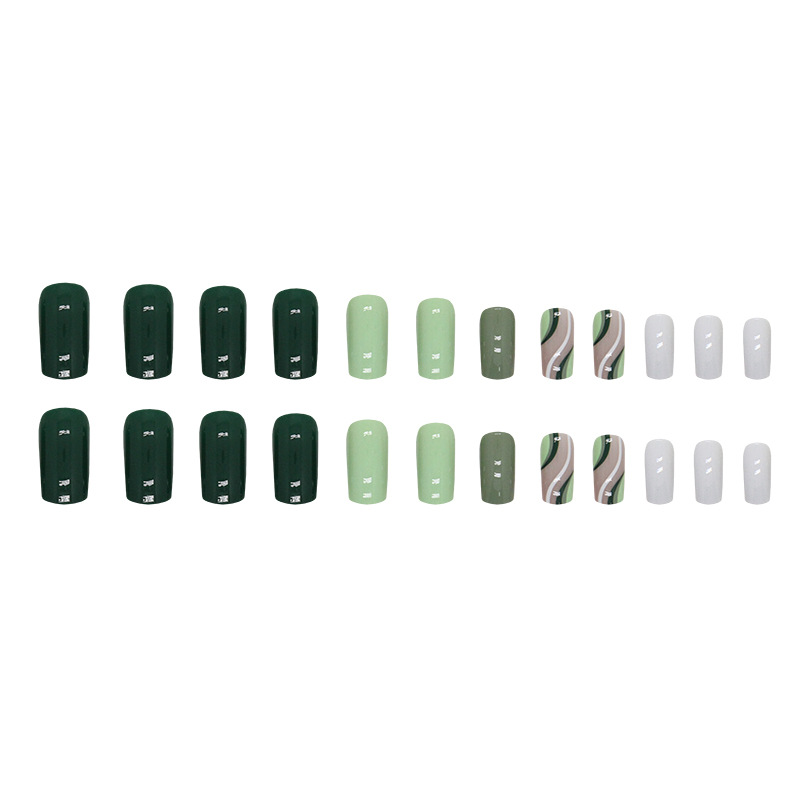 Combinazione di colori a strisce verdi per un miglioramento minimalista, unghie finte quadrate da medie a lunghe, set di toppe per unghie staccabili da 24_voghion.com