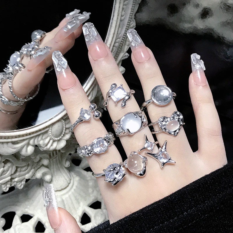 精緻高級感蛋白石方形鋯石戒指閃鑽開口戒小眾設計時尚個性指環潮