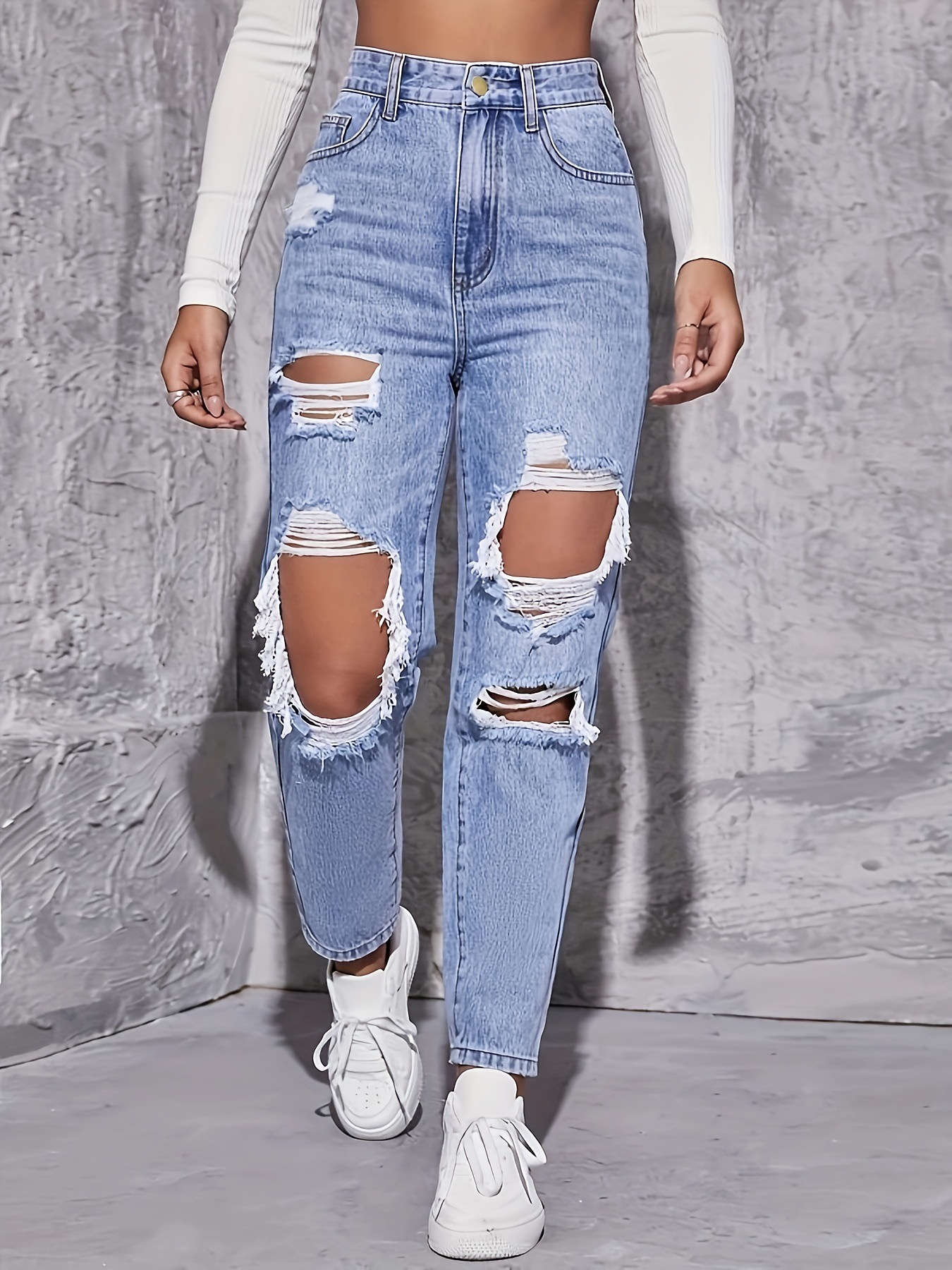 European And American Blue Ripped High-waisted Denim Straight-leg Pants Women's Fashion Versatile Trousers_ecoleips.com