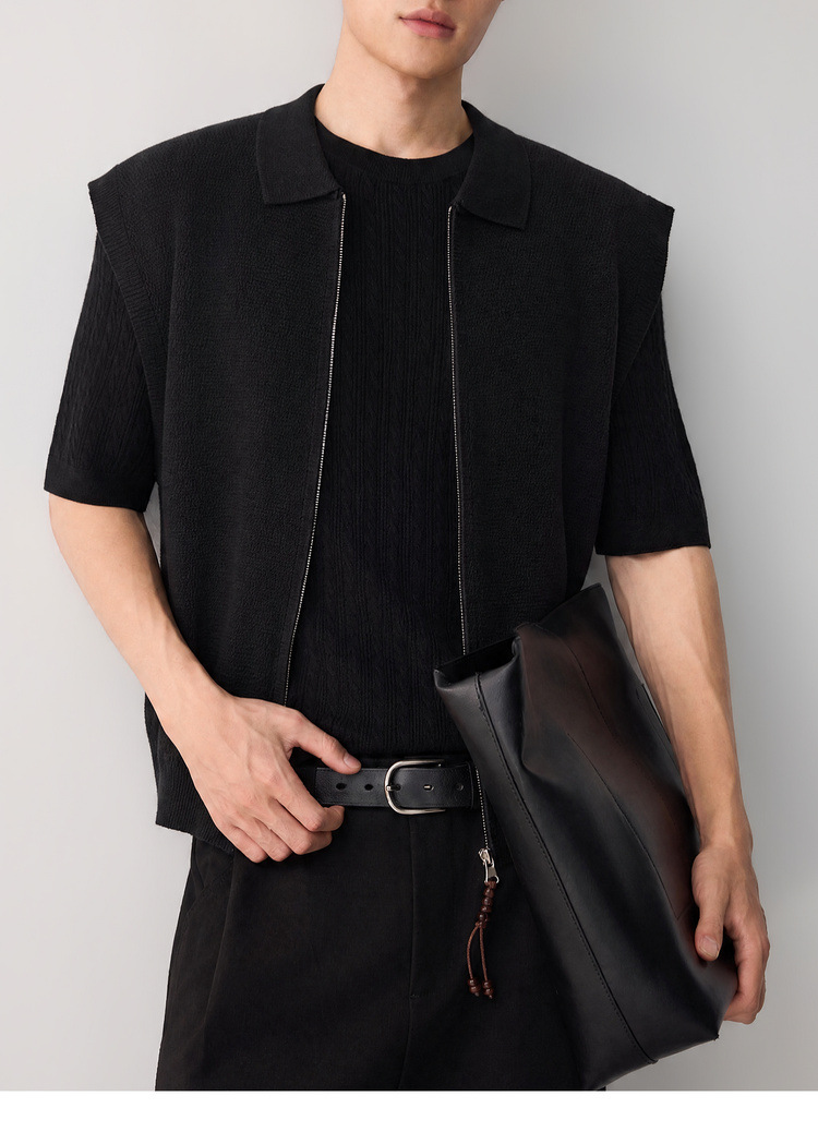 Áo gile len nam pha linen dáng cardigan khóa kéo phong cách công sở — đen chi tiết 30