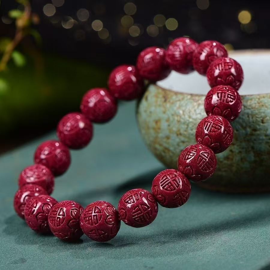 Natural Raw Mineral Authentic Cinnabar Bracelet with Carved Fortune Character Beads, High-Content Purple Gold Sand Bracelet for Men and Women, Brings Good Luck