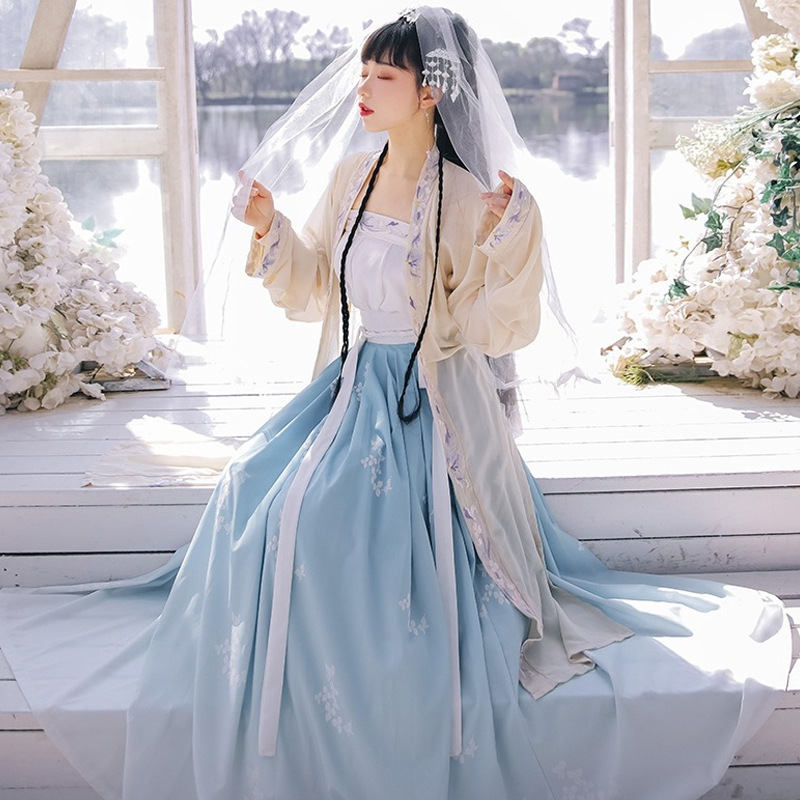 春季汉服宋制绣花长袖日常清新高腰襦裙长褙子刺绣吊带日常裙装服