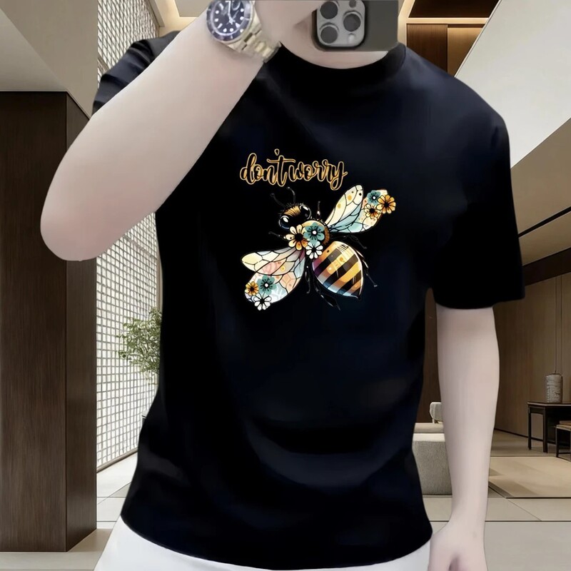 European Men's Short-Sleeve T-Shirt Summer Creative Trendy Bee Print Half-Sleeve Stylish Slim-Fit Top European Men's Short-Sleeve T-Shirt Summer Creative Trendy Bee Print Half-Sleeve Stylish Slim-Fit Top