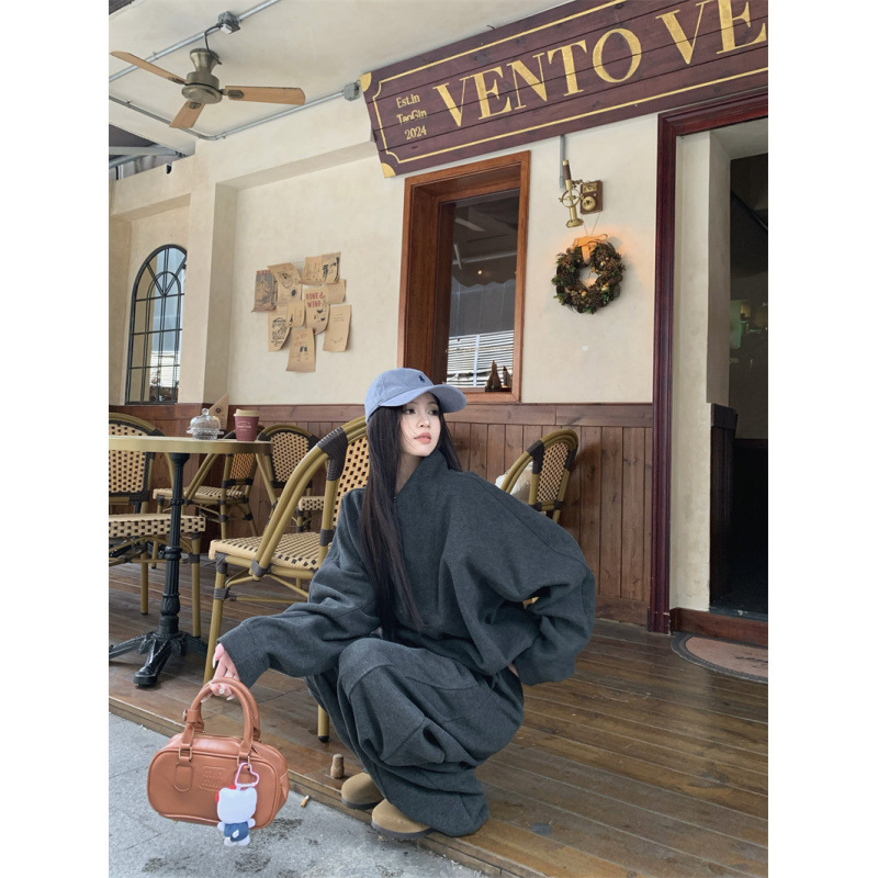 Autumn and Winter Lazy Style Zipper V Neck Sweatshirt and Sweatpants Sports Casual Suit Slim and Versatile Scimitar Pants Old Money Style