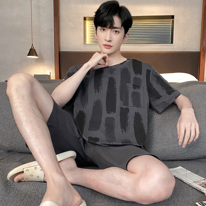Pijamas de verano de los hombres de algodón artificial de cuello redondo jersey de manga corta pantalones cortos traje casual desgaste del hogar se puede usar fuera supermercado