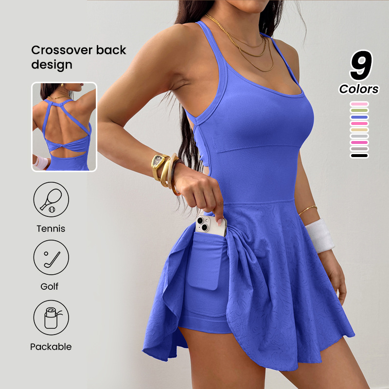 New Cross-Border Sexy Backless One-Piece Tennis Dress with Chest Pads and Anti-Exposure Lining, Yoga Fitness Sports Short Skirt for Women