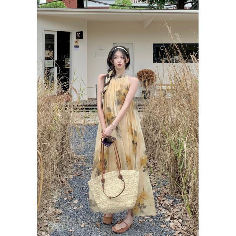 Chunyeo Girl New Chinese Style Halter Dress Summer Vacation Loose Dress Women's Dress Chinese Style