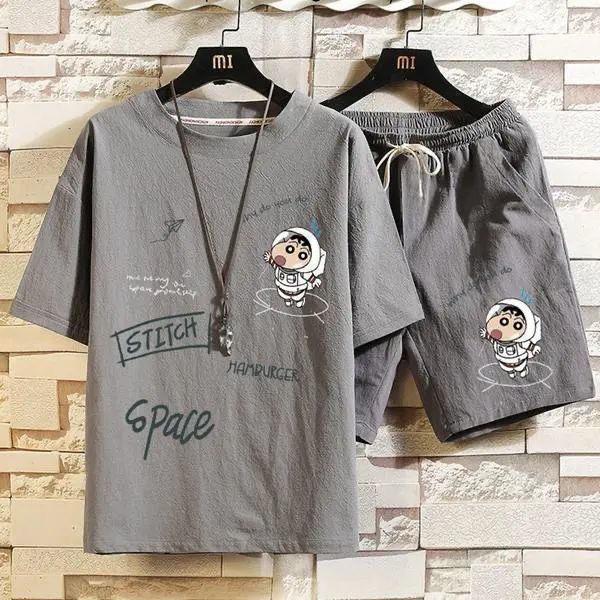 2025 nueva camiseta de algodón de lino para hombres set de manga corta marca de moda de verano grande con un juego de camiseta de lino suelta