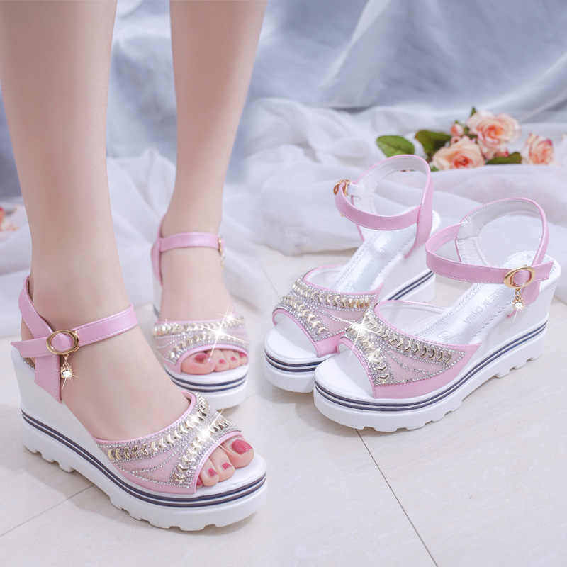 solid color fashionable sandals platform wedge heel with rhinestones