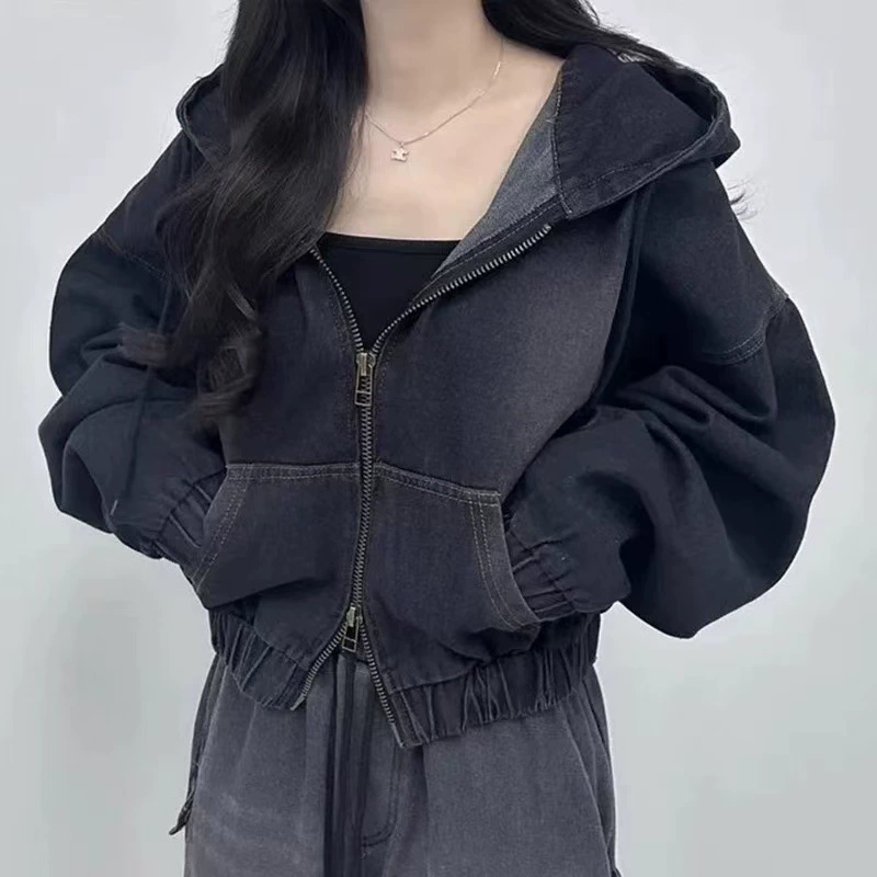 Retro short long-sleeve with zipper for leisure with hood, denim jacket, Korean style, autumn, oversize