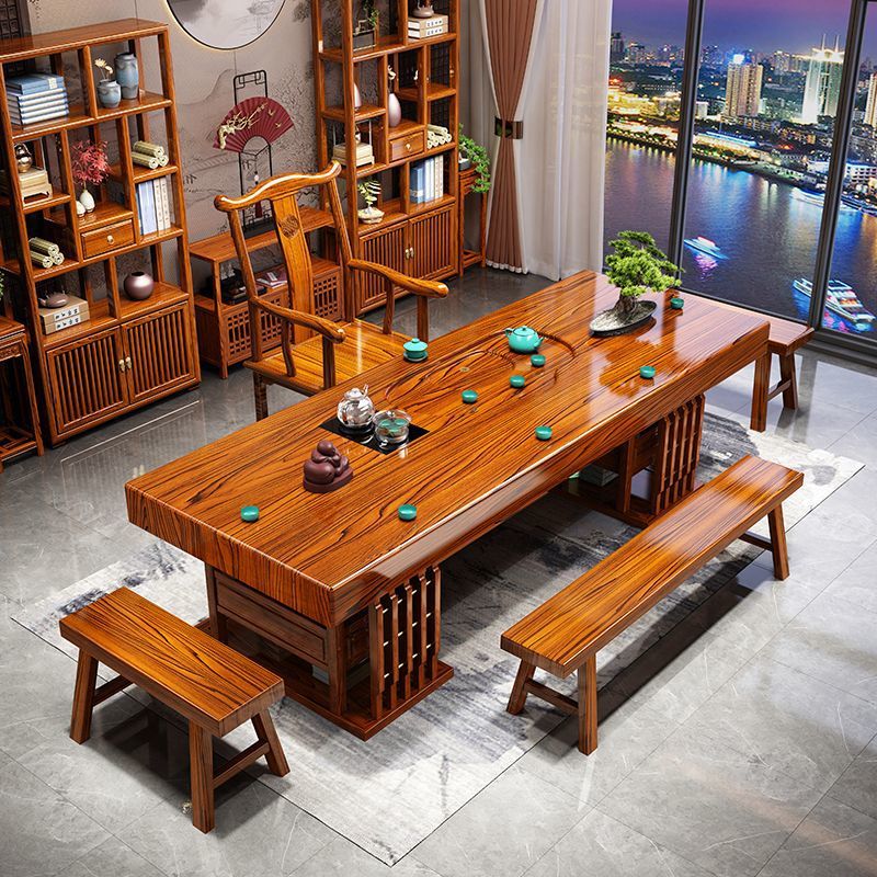 Solid Wood Large Board Table and Chair Combination Chinese Household Kung Fu Coffee Table suit Integrated Office Log Zen Tea