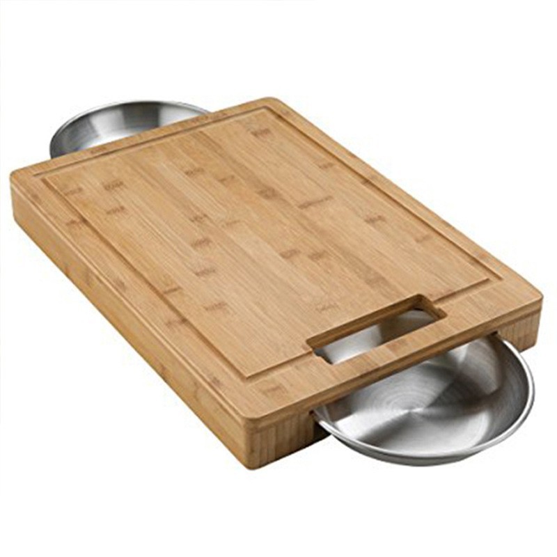 Tabla de cortar de bambú, tabla de cortar de frutas y verduras, tabla de verduras multifuncional creativa con recipiente de acero inoxidable, tabla de filete de bambú