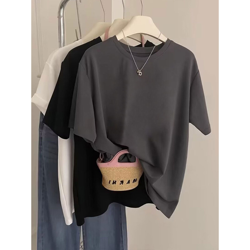 2026 New Summer American-Style Straight-Shoulder Pure Cotton Short-Sleeve T-Shirt for Women, Fashionable and Youthful, Loose-Fitting Charcoal Gray Top