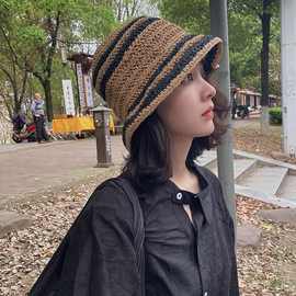 【包邮】日系条纹草编手工草帽女春夏户外防晒显脸小可折叠度假水