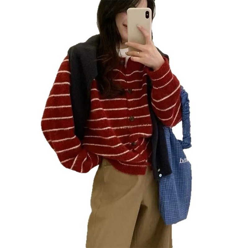 拼色条纹长袖毛衣开衫外套女2025新款秋冬季韩版圆领针织百搭上衣|undefined