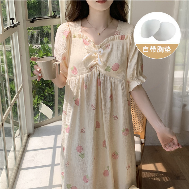 2024 Tiansishuang Cotton Pajamas Women's Summer Short-sleeved Mid-length Sleeping Dress with Chest Pad Sweet Home Clothes for Going Out