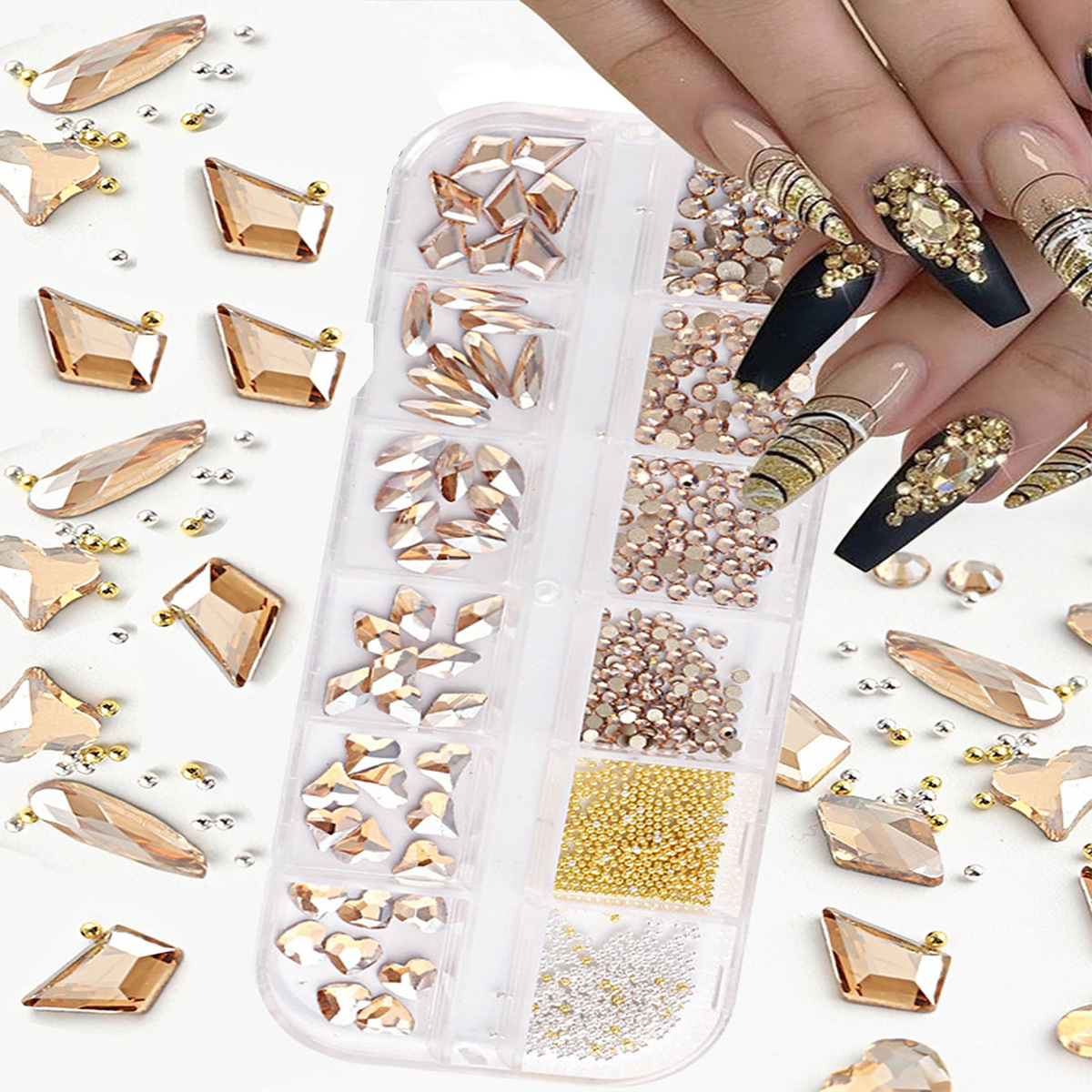 Set de joyas de uñas 12 barras de joyas taladro de uñas largo taladro de fondo plano mezclado taladro de forma especial superbrillante accesorios de uñas
