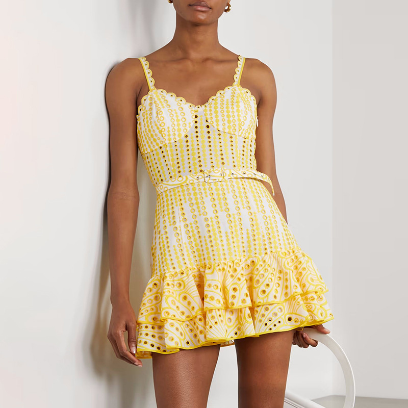 2026 Summer New Style Heavy Embroidery Sexy Ruffle Strap Dress, Slimming Waist, Elegant Short Dress For Women_ecoleips.com