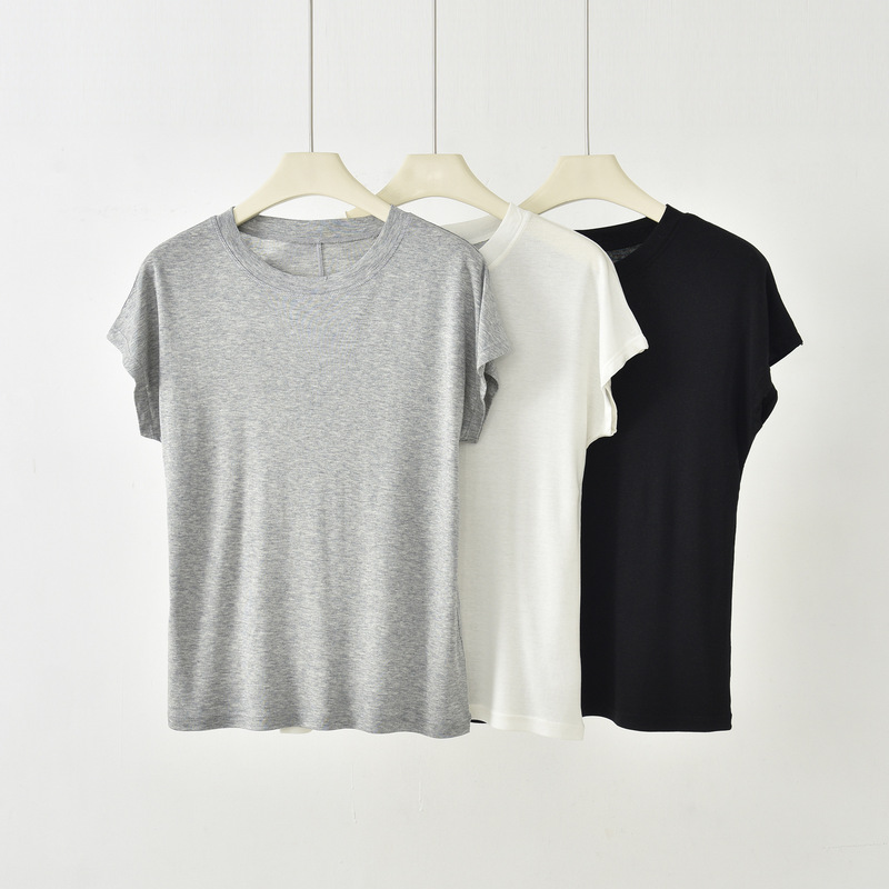 Tencel Wool Round Neck Short-Sleeve T-Shirt for Women, Summer Versatile Smooth Breathable Minimalist Flutter Sleeve Top