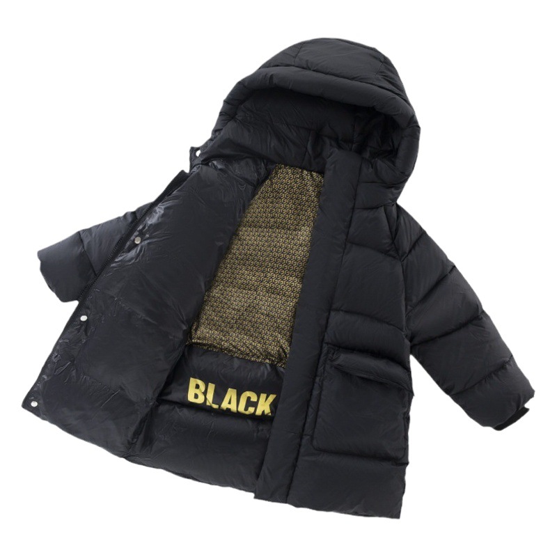 2023 nuevo oro negro chaqueta de los niños de los hombres y las mujeres de invierno de media longitud ropa de los niños nuevo estándar nacional 90 blanco pato abajo chaqueta al por mayor