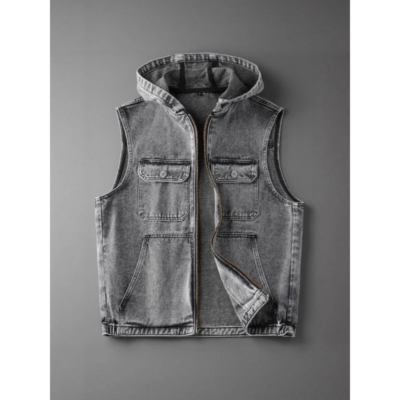 American-Style Hooded Denim Vest for Men, Trendy Summer Vintage Loose Biker Zipper Stylish Vest Jacket
