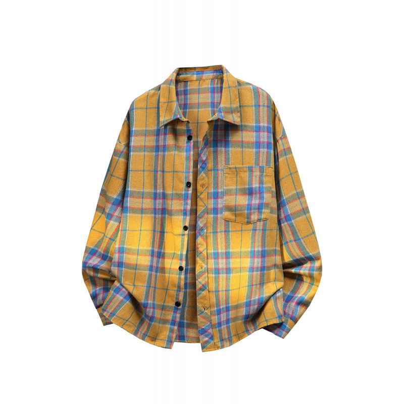Korean-Style Trendy Retro Plaid Large-Size Long-Sleeve Shirt with a Turn-Down Collar for Layering or Wearing as an Outerwear - P28【Special Price】