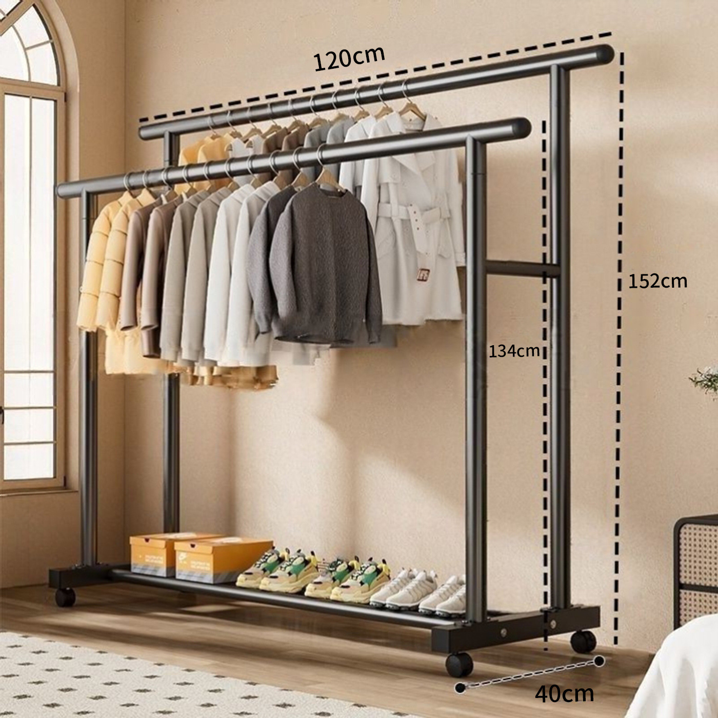 [모든 금속이 두꺼워지고 두꺼워졌습니다] 길이 120cm 이중 극 단일 레이어 - 검정색 + 바퀴