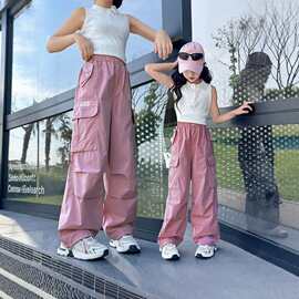 女童工装裤春夏新款粉色宽松阔腿裤中大童休闲运动长裤2026潮款