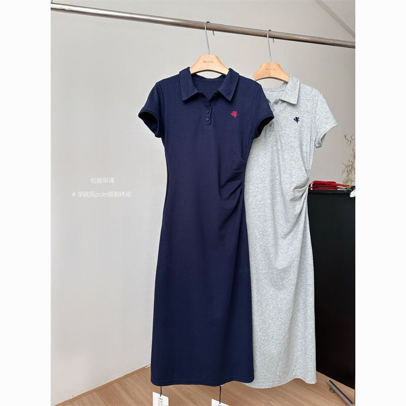Polo Collar Embroidered Navy Blue Short-Sleeved T-Shirt Dress for Women Summer Waist-Cinching Slim Fit Casual Hip-Hugging Long Skirt