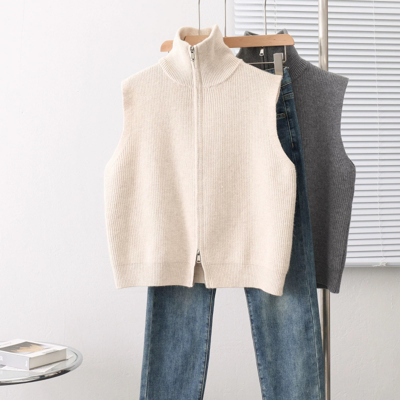 Retro collar de hombro de punto chaleco de mujer otoño invierno nuevo cardigan chaqueta de diseño suéter con cremallera suelta clip de caballo