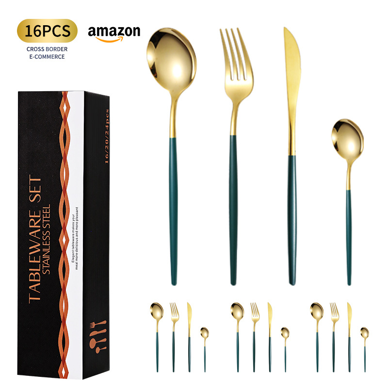 Suministro transfronterizo Traje de vajilla portugués Juego de acero inoxidable Juego de 16 piezas Juego de 4 piezas para 4 personas Cuchillo de carne occidental, tenedor y cuchara