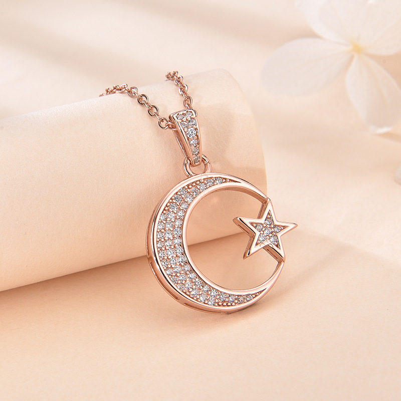Transfronterizos Amazon plata 925 plata esterlina collar de estrella de luna de moda de verano ligera lujosa alta sensación colgante cadena clavícula