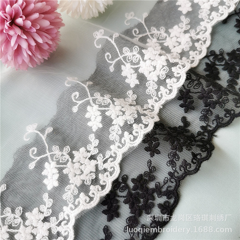 宽11cm五星花透明网纱刺绣服装花边DIY缝纫家纺配饰辅料黑白蕾丝