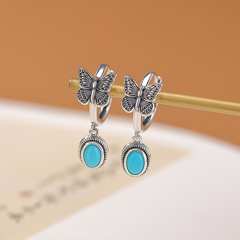 Bông tai bạc S925 mặt đá mắt mèo đỏ Nam, ngọc lam, kiểu retro cổ điển, mặt trứng bướm — Ngọc lam