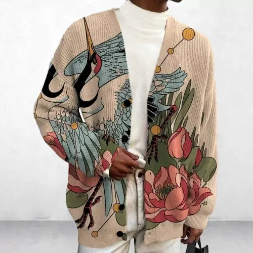 跨境大码男士宽松针织纽扣开衫毛衣欧美简约时尚仙鹤3d印花针织衫