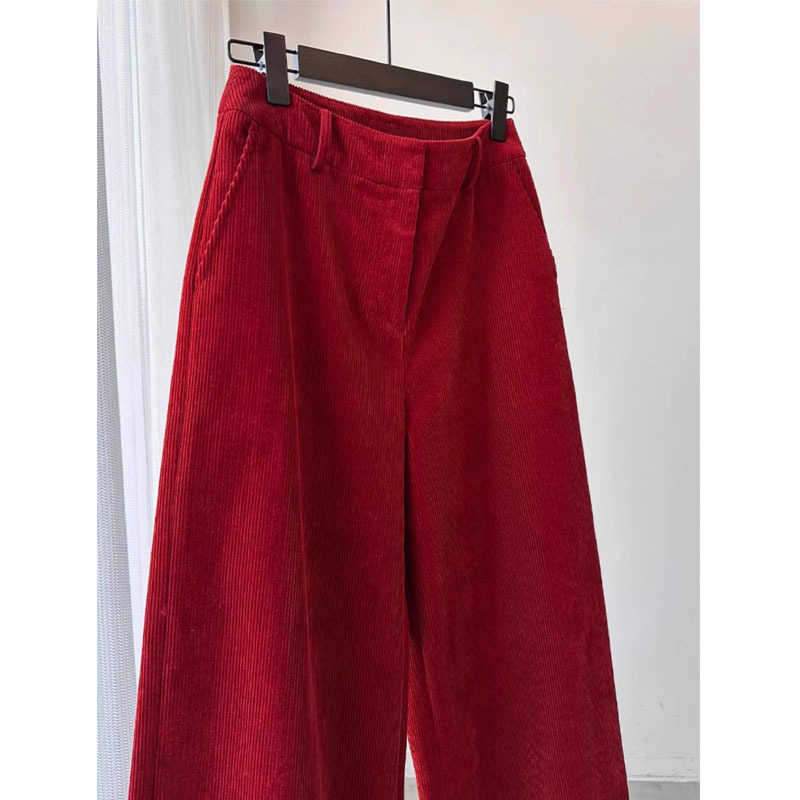 CHAO class recommend! Vintage Red Corduroy Wide-leg Pants Women's Autumn and Winter Straight Slim Casual Pants