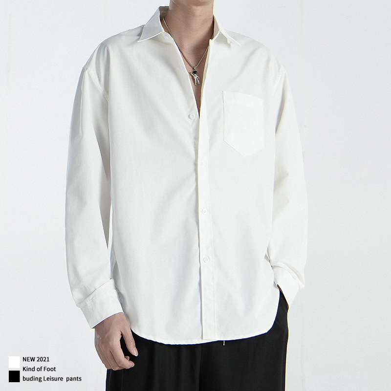 Camicia bianca da uomo nuova autunno 2023 camicia versatile tinta unita casual allentata BF giacca a maniche lunghe superiore da uomo_voghion.com