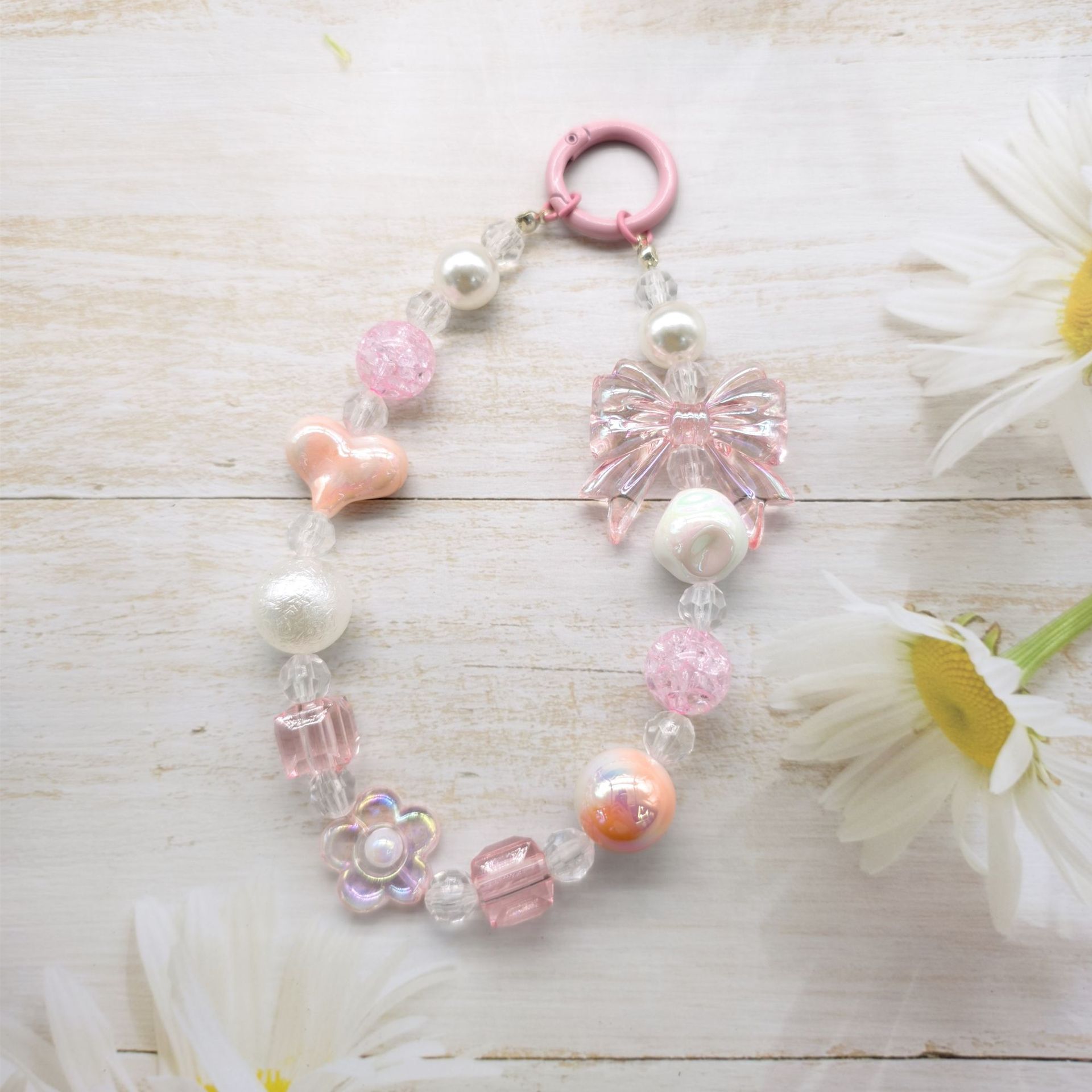 2023 nuevo llavero de cadena de cuentas redondas amor arco colgante Cadena de teléfono móvil colorido fresco perla color sólido coincidencia