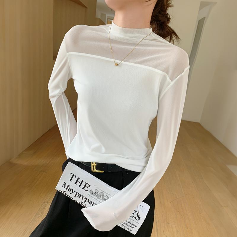 H825 Strict Selection Half-high Collar Lace Double-layer Mesh Base Shirt Women's Long-sleeved T-shirt Black Slim-fit Slim Top Women