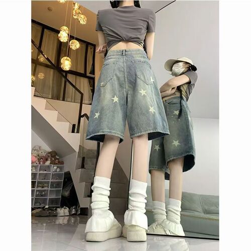American Retro Washed Star Denim Short Pants for Women Summer Street Straight Leg Loose Slimming Wide Leg Five-Pocket Pants Trendy