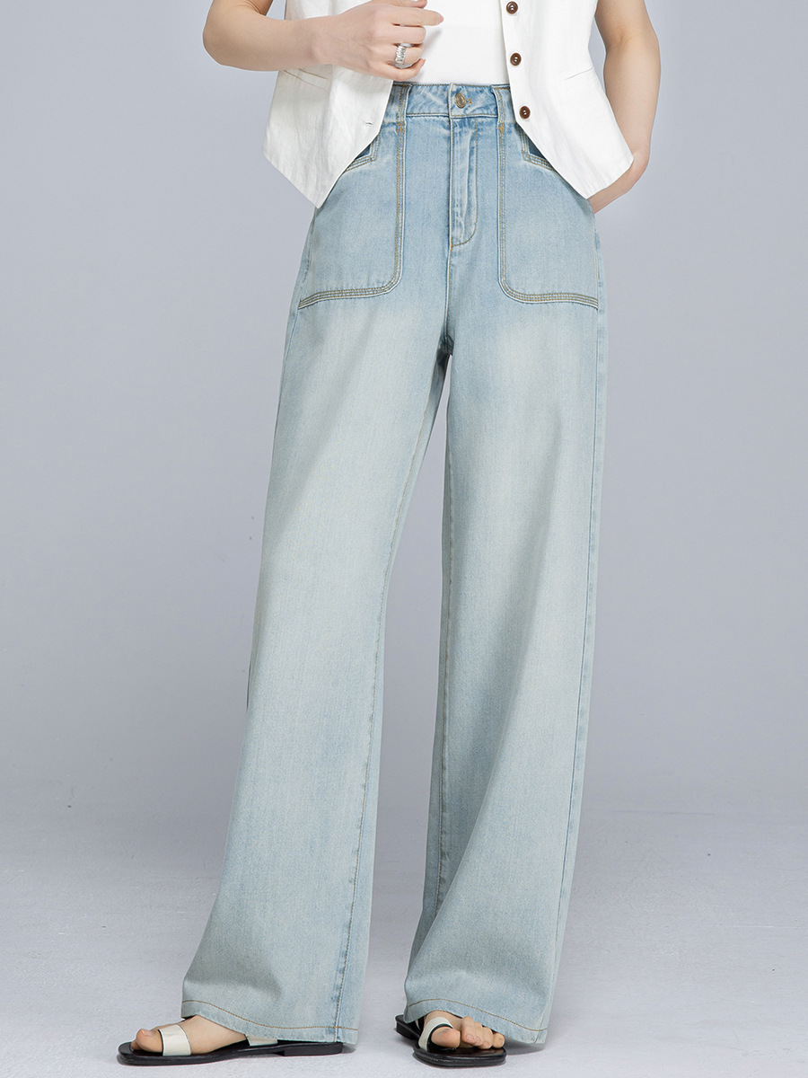 Quần jean ống rộng nữ cạp cao chất Tencel cotton mỏng mùa hè — Xanh lam nhạt cổ điển