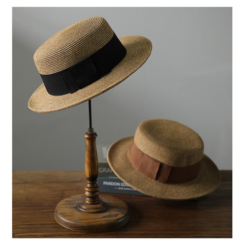 Japanese-style straw hat, summer women's simple ribbon flat top hat with large brim, sun protection UV travel hat, woven sunshade hat