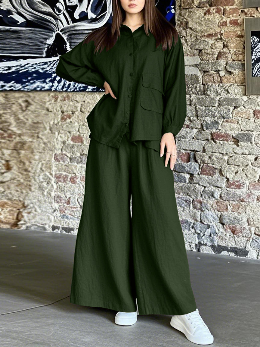 Ensemble chemise oversize en coton et pantalon large – Tenue minimaliste vintage euro-américaine (S-5XL, 7 couleurs, indispensable du bureau au week-end)_voghion.com