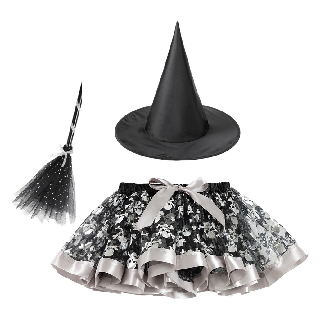 Halloween Children's Costume Printed Mesh Tutu Skirt Witch Hat Broom Puffy Skirt Set European and American Girls' Short Skirt
