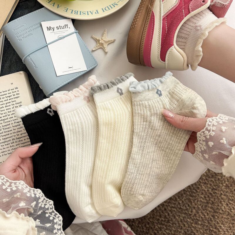 Women's Summer Thin Mesh Pure Cotton Socks, Ins-Style Cute and Sweet Ruffled Edge Short Socks, Zhuji Socks
