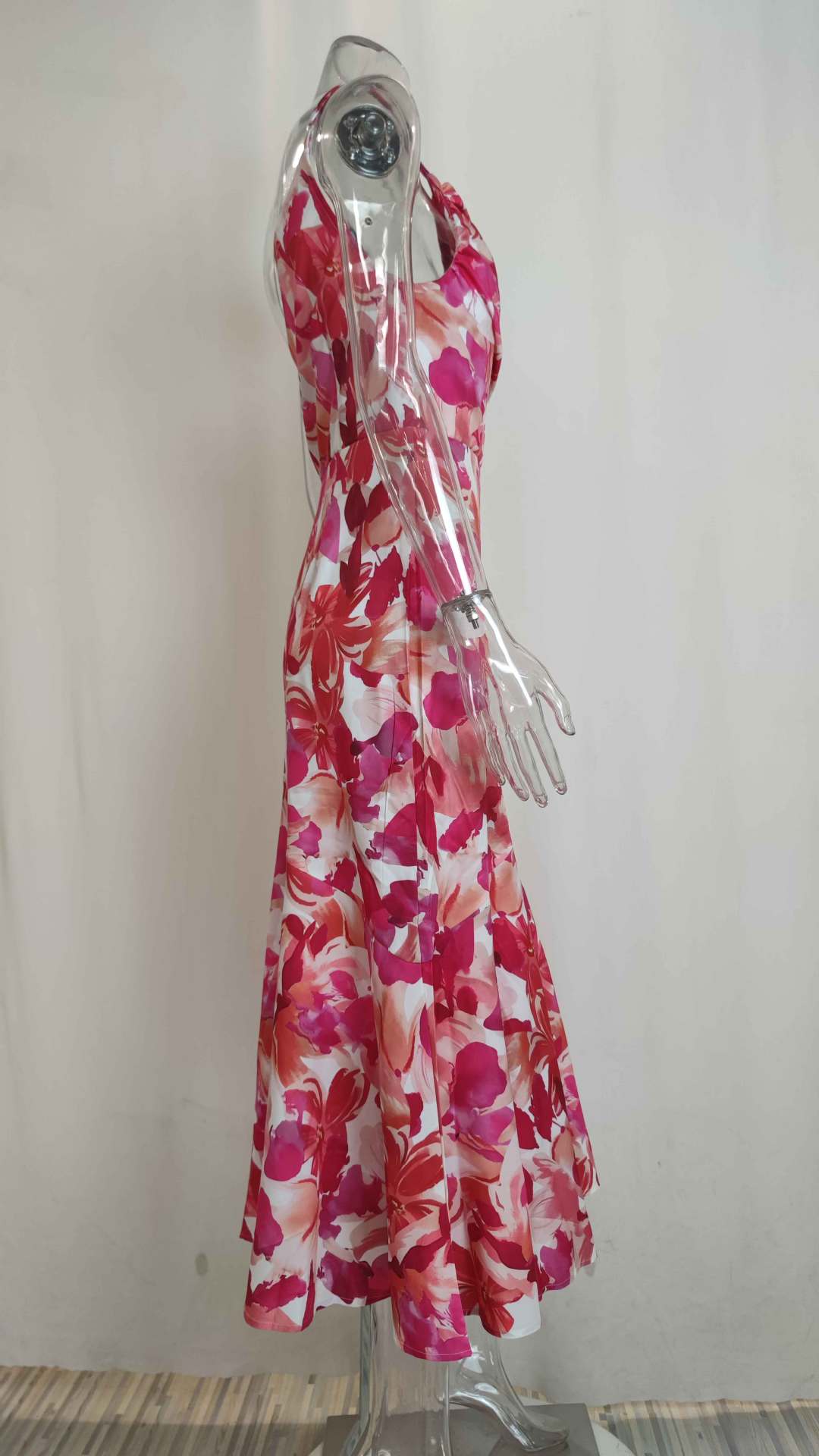 Holiday, Beach Occasion Wholesale Women's Vacation Printing Ruffles Printing Holiday Beach Oblique Collar Sleeveless Sheath Dress