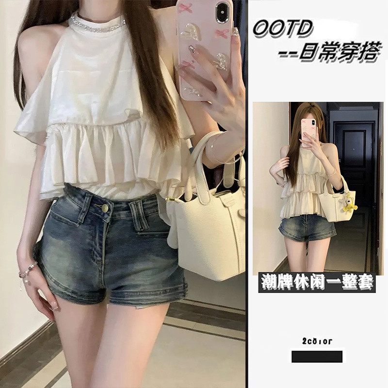 D2G【5625人收藏】超仙甜辣风气质穿搭一整套洋气挂脖挖肩雪纺衬