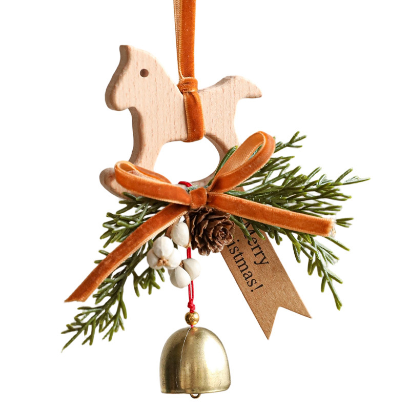Nuevo caballo de Troya colgante campana arco de madera hojas de pino decoración de árbol de Navidad puerta colgante pared remolque colgante diseño de escena