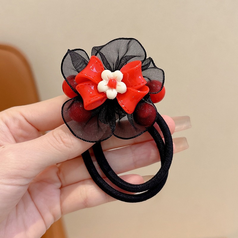 Hijo de malla roja flores anillo de cabello para niños de alta elasticidad arco cabello para niñas lindas correa de goma duradera