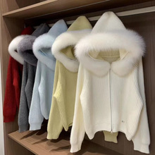 韩国东大门新款毛领连帽拉链毛衣女外套秋冬短款慵懒风女式针织衫
